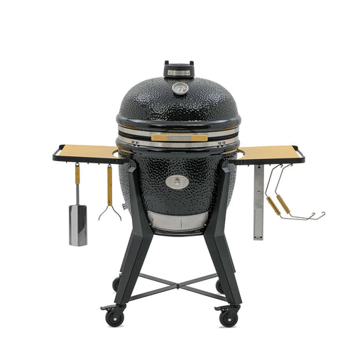 Kamado grill with side tables and wheels for outdoor cooking