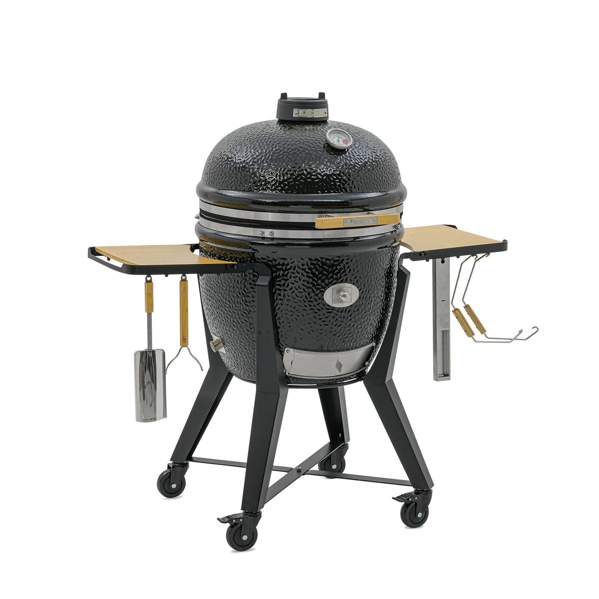 Front view of Kamado grill with temperature gauge and side shelves