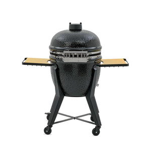 Rear view of Monolith TWO 66 Kamado Grill highlighting its sturdy wheeled base, ceramic dome, and foldable bamboo side tables for outdoor grilling.