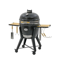 Outdoor Kamado grill with wooden side tables and wheels