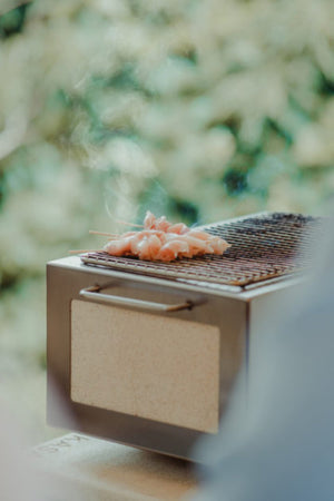 Raw skewers cooking on Nano Pro Kasai BBQ Stainless Steel Grill, capturing the essence of traditional Japanese barbecue preparation.