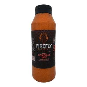 Large catering-size bottle of Firefly Nashville Hot Sauce, perfect for restaurants and BBQ events needing bold, spicy flavor.