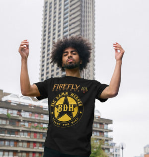 Black Mens Big Damn Hero Shirt - Firefly | Organic Cotton Tee worn by model outdoors, featuring BDH star badge and Firefly Barbecue text, XS to 5XL sizes available.