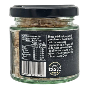 Back label of Oak Smoked Greek Pyramid Salt jar showing nutrition facts and Great Taste 2024 award, highlighting product quality.