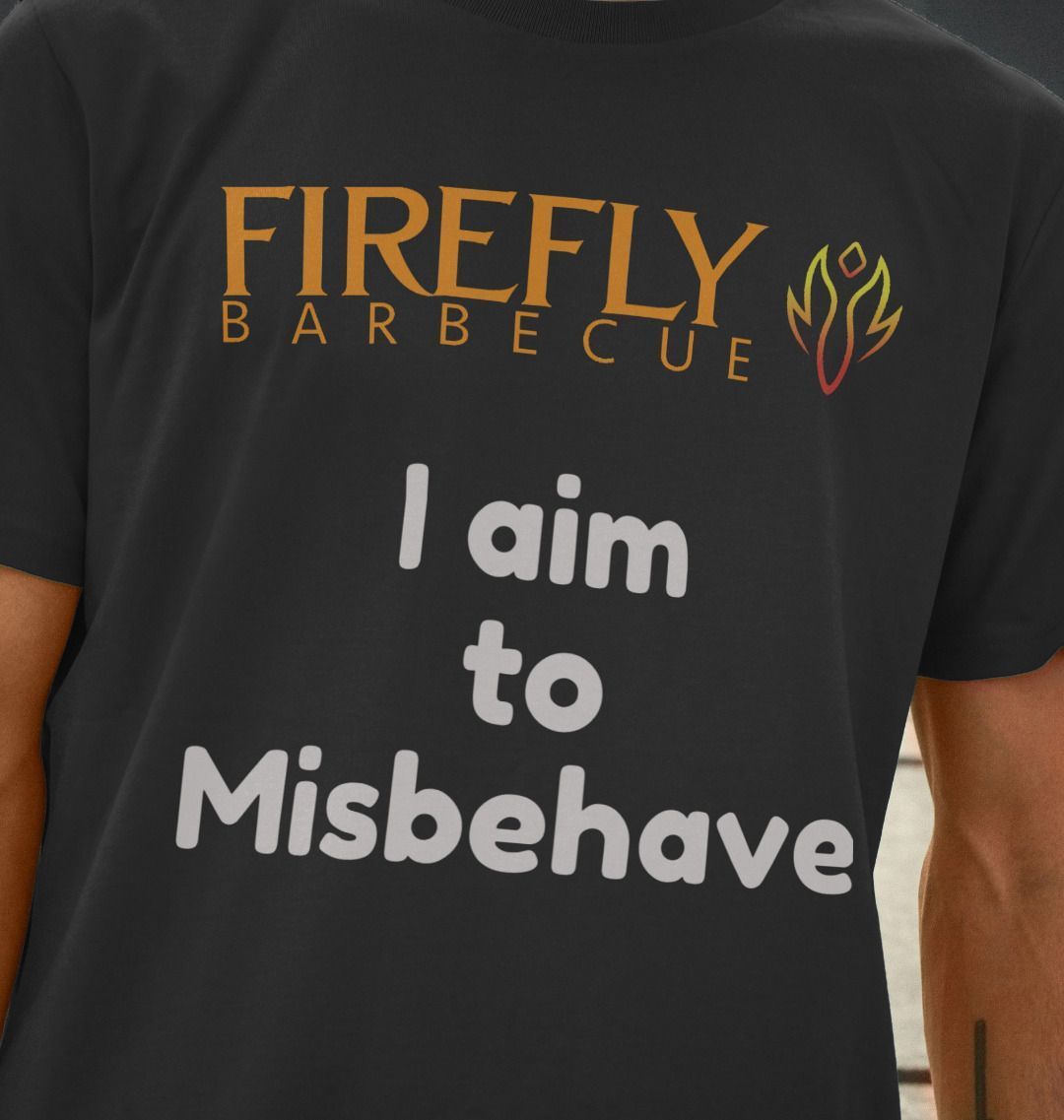 Close-up of Firefly quote T-shirt with logo, black organic cotton fabric