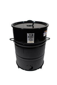Black Pit Barrel Cooker with lid and logo for outdoor grilling and smoking