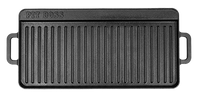 A black cast iron grill pan with a rectangular shape, vertical ridges, and side handles, featuring the 'PIT BOSS' brand name embossed in the top left corner, shown against a plain white background.