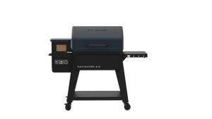 A PyroBizz Navigator 2.0 pellet grill in black and navy blue, shown from a three-quarter angle against a solid white background.