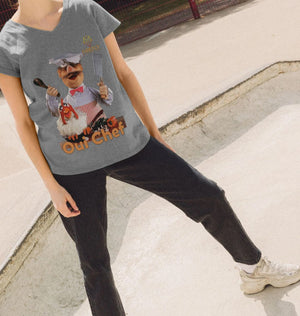 Model in grey V Neck Chef T Shirt - Women's with fun Muppet chef design, made from organic cotton and ideal for eco-conscious shoppers.