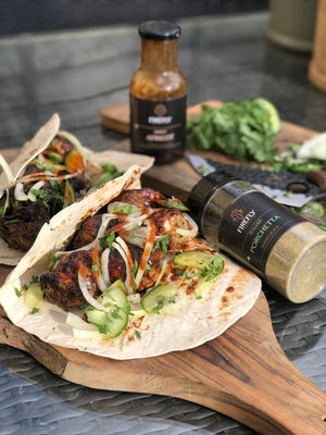 Italian Porchetta Rub used on grilled chicken tacos, showcasing its versatility for BBQ, oven, or vegan-friendly recipes.