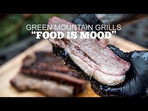 Green Mountain Grills 'Food is Mood' slogan with juicy smoked brisket slice, promoting GMG Trek Portable BBQ Grill - FireFly Barbecue.