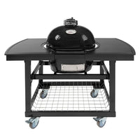 Primo Grill with black dome and side shelves on outdoor cart