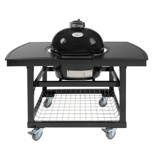 Primo Grill with black dome and side shelves on outdoor cart