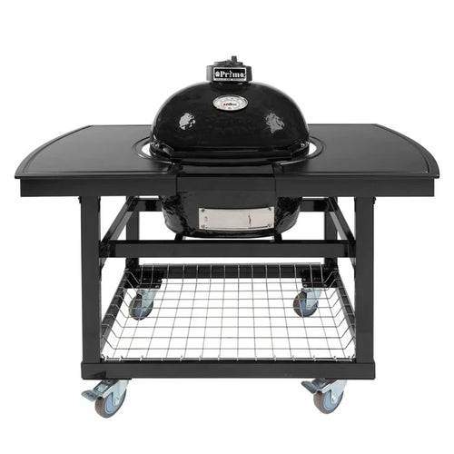 Primo Grill with black dome and side shelves on outdoor cart