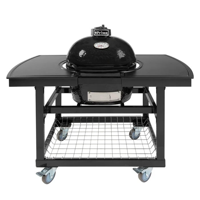 Primo Grill with black dome and side shelves on outdoor cart