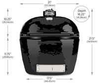 Primo JR200 ceramic BBQ grill with detailed dimensions for outdoor cooking