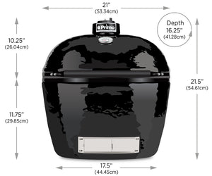 Dimension diagram of Primo Grill Oval JR 200, showing width, depth, and height for accurate space planning in outdoor kitchens.
