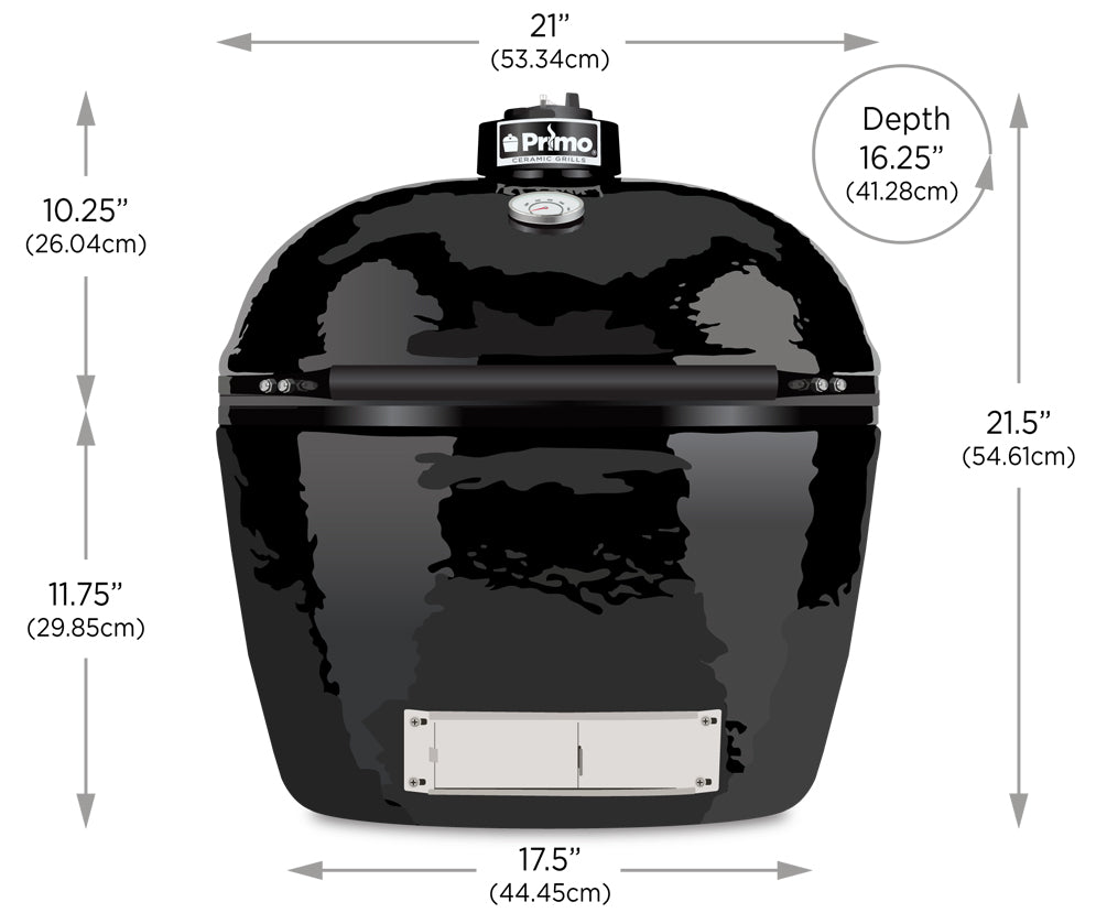 Primo JR200 ceramic BBQ grill with detailed dimensions for outdoor cooking