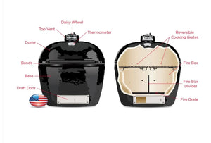 Diagram of Primo Oval XL 400 Ceramic BBQ Grill parts including dome, firebox, cooking grates, and top vent for easy assembly.