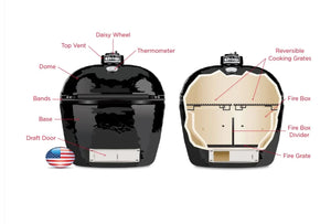 Labeled diagram of Primo Oval LG 300 Ceramic Grill showing internal components like fire box, dome, and reversible cooking grates.