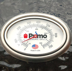 Close-up of Primo Ceramic Grill thermometer with temperature gauge in Fahrenheit, made in the USA for precision BBQ control.