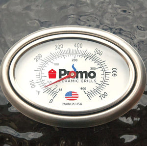 Close-up of Primo Oval JR 200 Grill thermometer with Fahrenheit scale, ensuring precise temperature control for grilling and smoking.