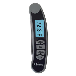 Primo Instant Read Thermometer with digital display showing 72.3°F, featuring easy-to-use buttons and compact design for quick temperature checks.