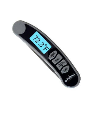 Angled view of Primo Instant Read Thermometer with backlit screen and control buttons, ideal for accurate grilling and cooking temperature readings.