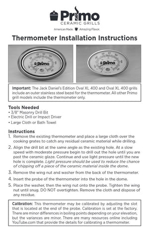 Primo Grill Thermometer installation instructions detailing tools, steps, and calibration for optimal grill temperature control.