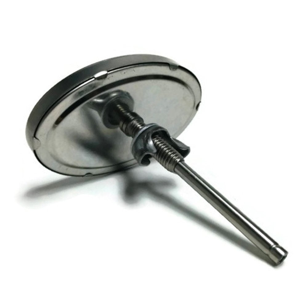 Back view of Primo Grill Thermometer showing mounting hardware and stainless steel probe for easy grill installation.