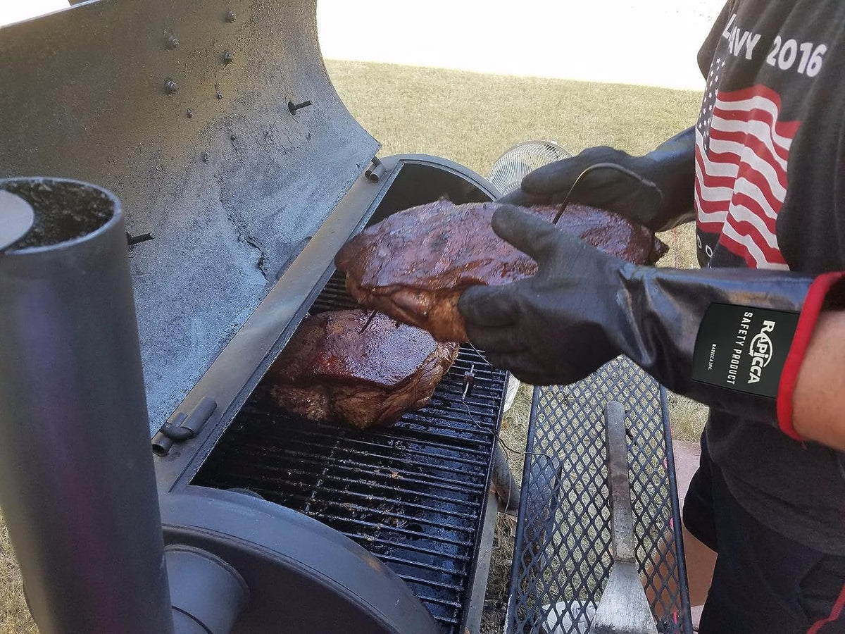 RAPICCA BBQ Gloves protect hands while placing smoked meat on grill, perfect for high-heat smoker use.