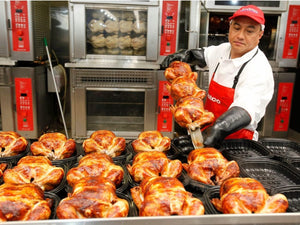RAPICCA BBQ Gloves used in commercial kitchen for safely handling hot rotisserie chickens from ovens.