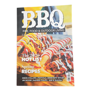 Magazine cover titled 'BBQ' with a grill and flames, featuring recipes and outdoor cooking tips