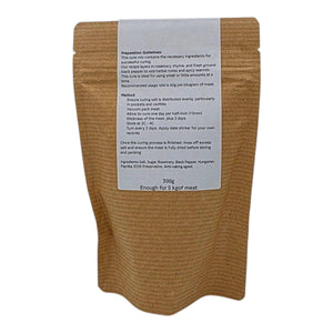 Back view of Firefly Barbecue Bacon Cure pouch with preparation instructions and ingredients for curing up to 5kg of pork with rosemary and thyme.