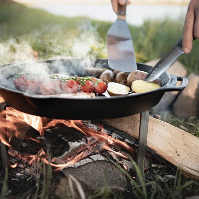 Cooking vegetables and meat on cast iron skillet outdoors