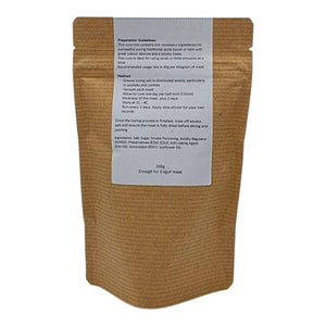 Back of Firefly Barbecue Hickory Smoked Bacon Cure pouch with preparation instructions and ingredients for curing bacon at home.