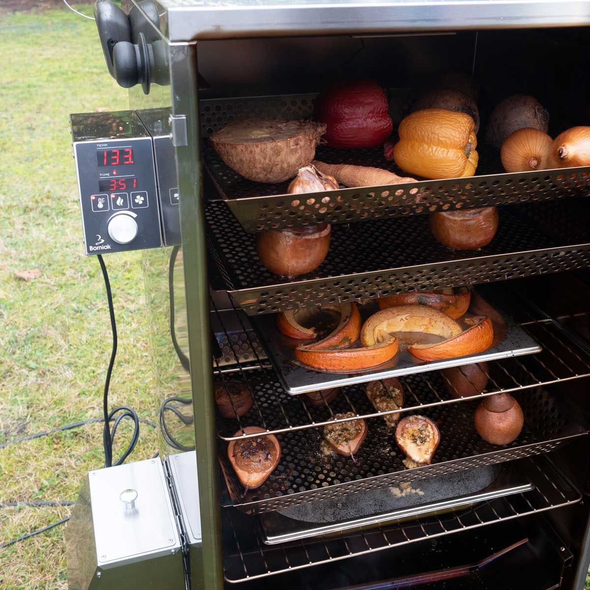 Vegetables and seafood on Borniak smoker tray in grill