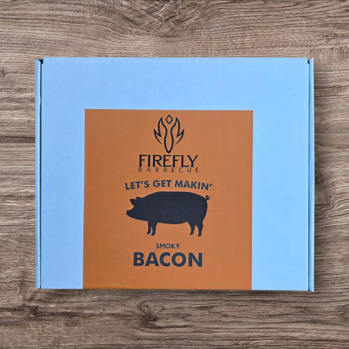 Blue box with Firefly Barbecue Hickory Smoked Bacon Cure label