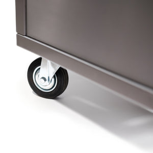 Caster wheel close-up of Bertha Inflorescence Trolley (Stainless Steel), ensuring mobility for outdoor kitchen setups.