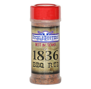 Sucklebusters '1836' BBQ Rub - 340g bottle with red cap, featuring Texas-style beef seasoning branding from FireFly Barbecue.