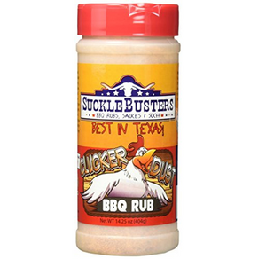 Sucklebusters 'Clucker Dust' BBQ Rub 404g bottle with red cap and cartoon chicken label, ideal for grilling chicken and BBQ meats.