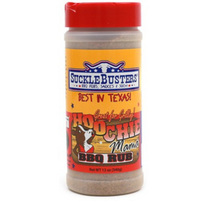 Sucklebusters ‘Hoochie Mama’ BBQ Rub – 340g (12 oz) bottle with red cap and bold Texas-themed label from FireFly Barbecue.