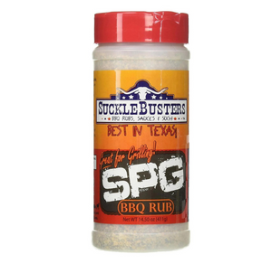 Sucklebusters 'SPG [Salt Pepper Garlic]' Seasoning 411g BBQ Rub in a red-lidded bottle, ideal for grilling and large meat cuts.