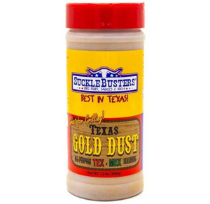 Sucklebusters ‘Texas Gold Dust’ All-Purpose Rub 340g bottle with red cap and yellow label, ideal for Tex-Mex BBQ seasoning.