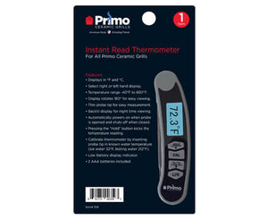 Packaging of Primo Instant Read Thermometer for Primo Ceramic Grills, highlighting features like fast readings, rotating display, and dual temperature units.