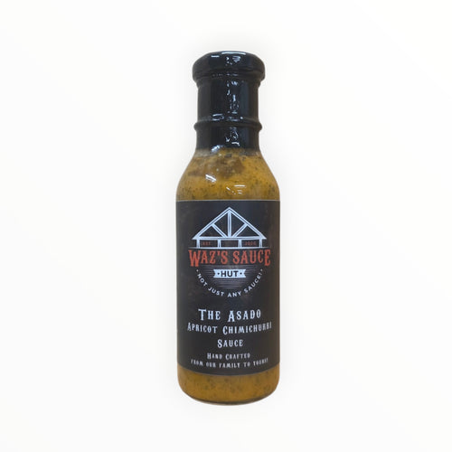 The Asado Apricot Chimichurri Sauce bottle with black label and black cap