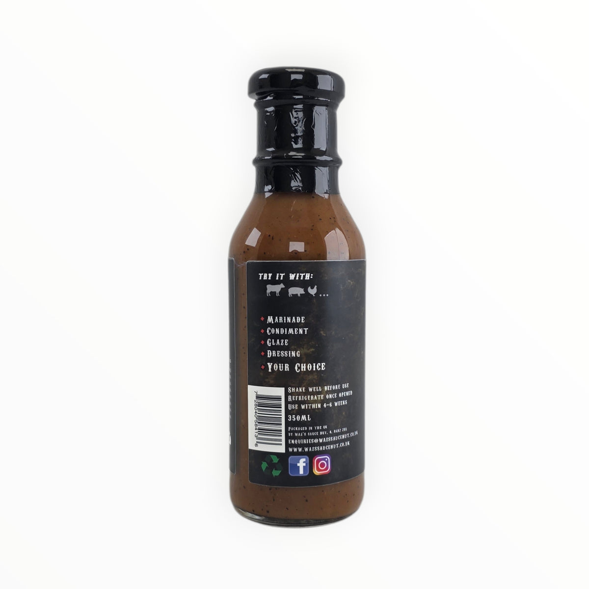 Carpe Diem BBQ sauce bottle with nutritional info and social icons