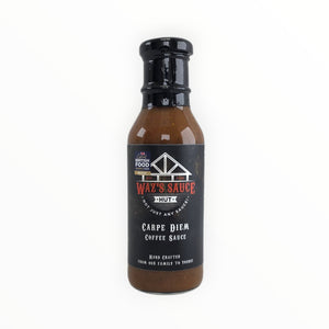 Carpe Diem Cherry Cola BBQ Sauce bottle with black label and black cap