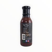 BBQ sauce bottle with nutritional facts and social media icons
