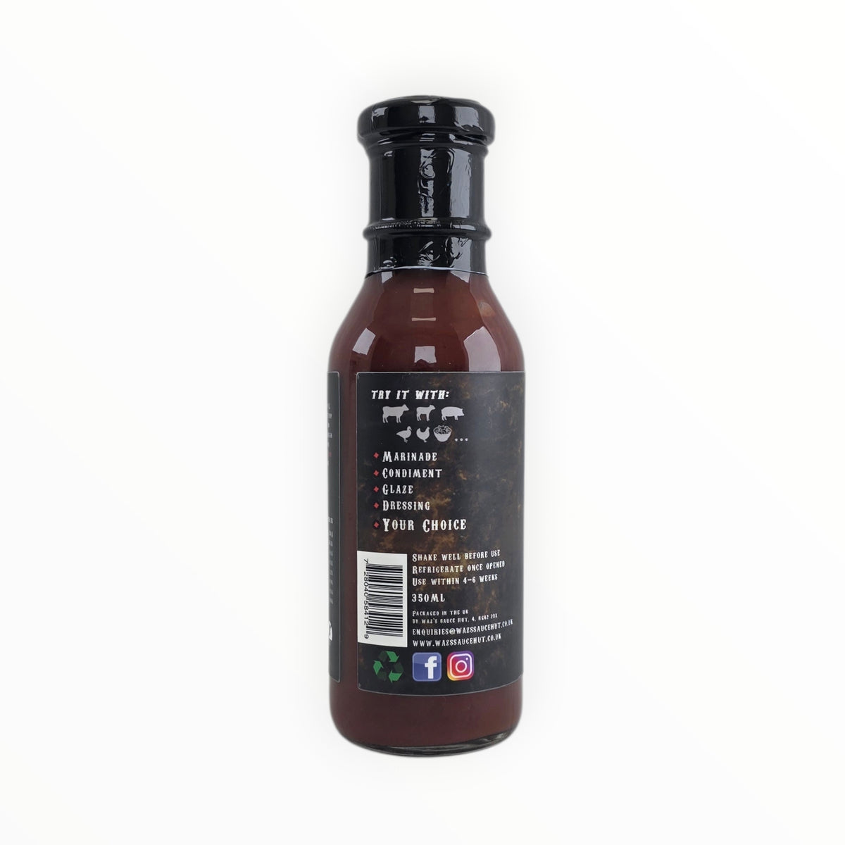 BBQ sauce bottle with nutritional facts and social media icons